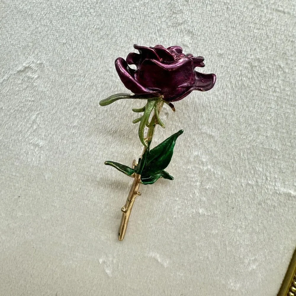 Purple Single Stem Rose Flower Brooch Lapel Royalty Enchantment Enchanted Era - Picture 3 of 5